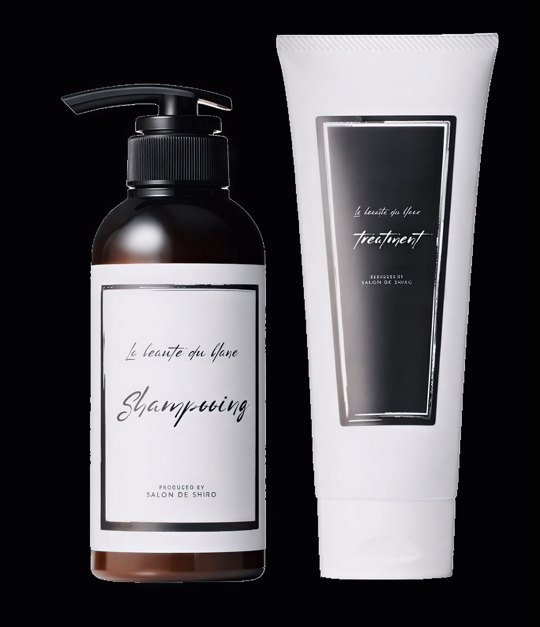 Le Beauté en Blanc のシャンプーとトリートメント、髪に触れる女性